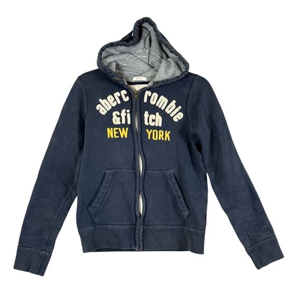 Abercrombie Fitch Hoodie Kids XL Navy Logo Muscle Full Zip Y2K Pockets - Picture 1 of 12